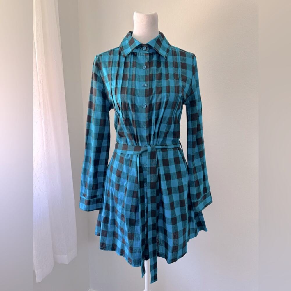 Vintage Y2K Planet Funk Aqua & Black Checker Print Belted Button Down Dress